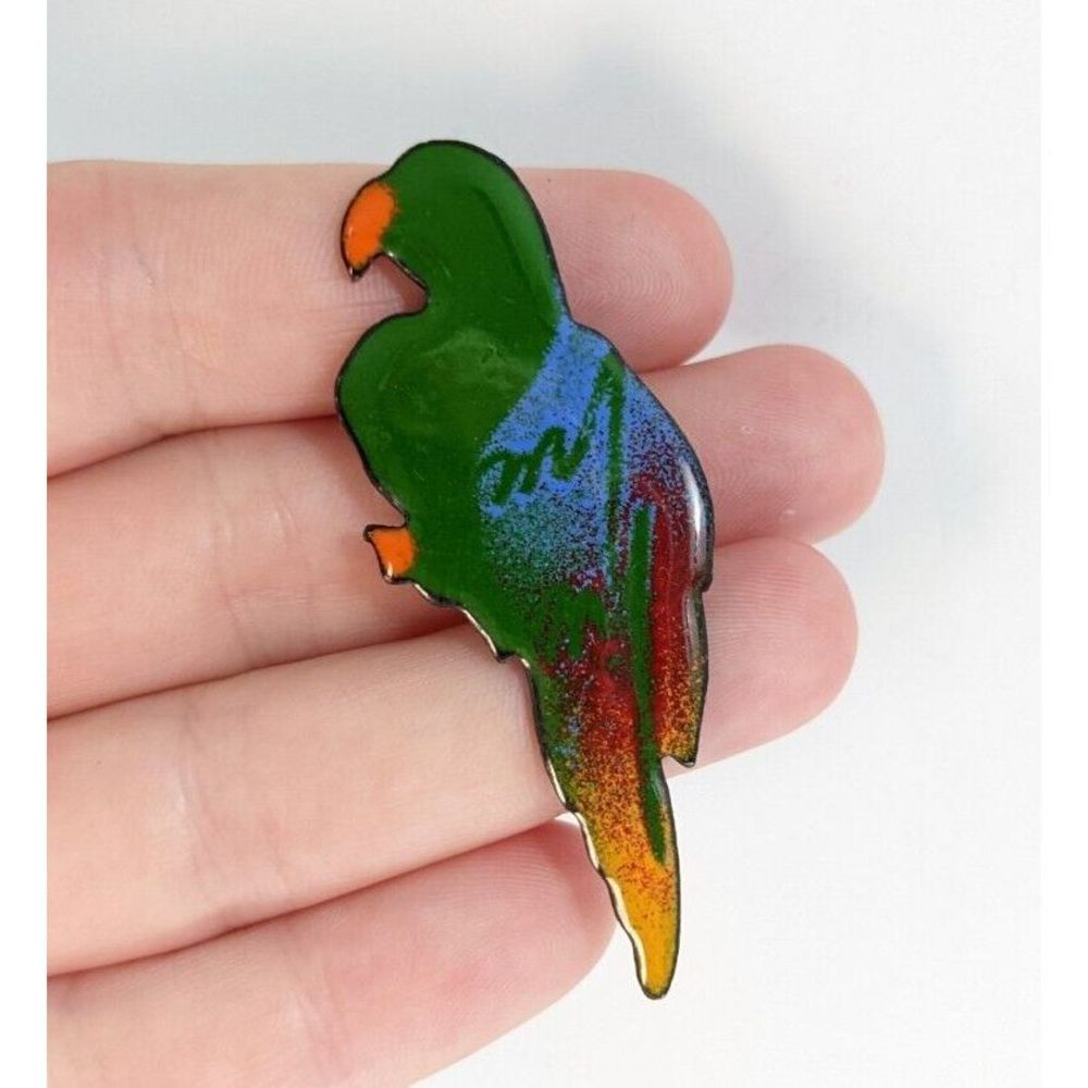 Artisan Enamel On Copper Parrot, Macaw Bird Shaped Brooch Pin